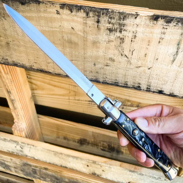 13-Inch Black-And-Pearl Italian Stiletto Otf Switchblade 1
