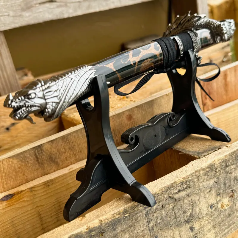 13-Inch Dragon-Handle Mini Katana – Black Samurai Sword With Display Stand 1