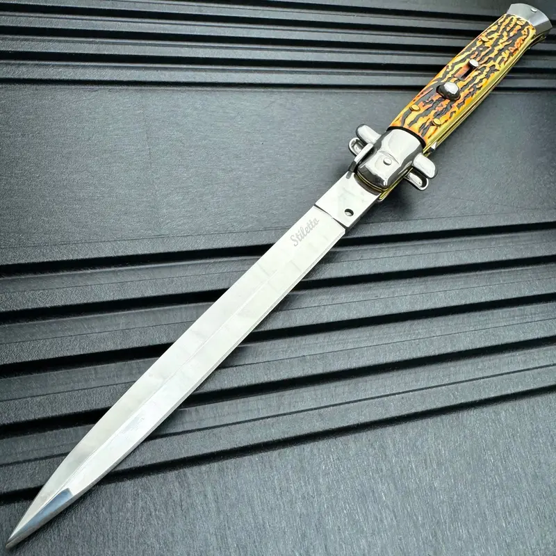 13-Inch Italian Stiletto – Auto-Deploying Big Boy Switchblade With Stag Handle 1