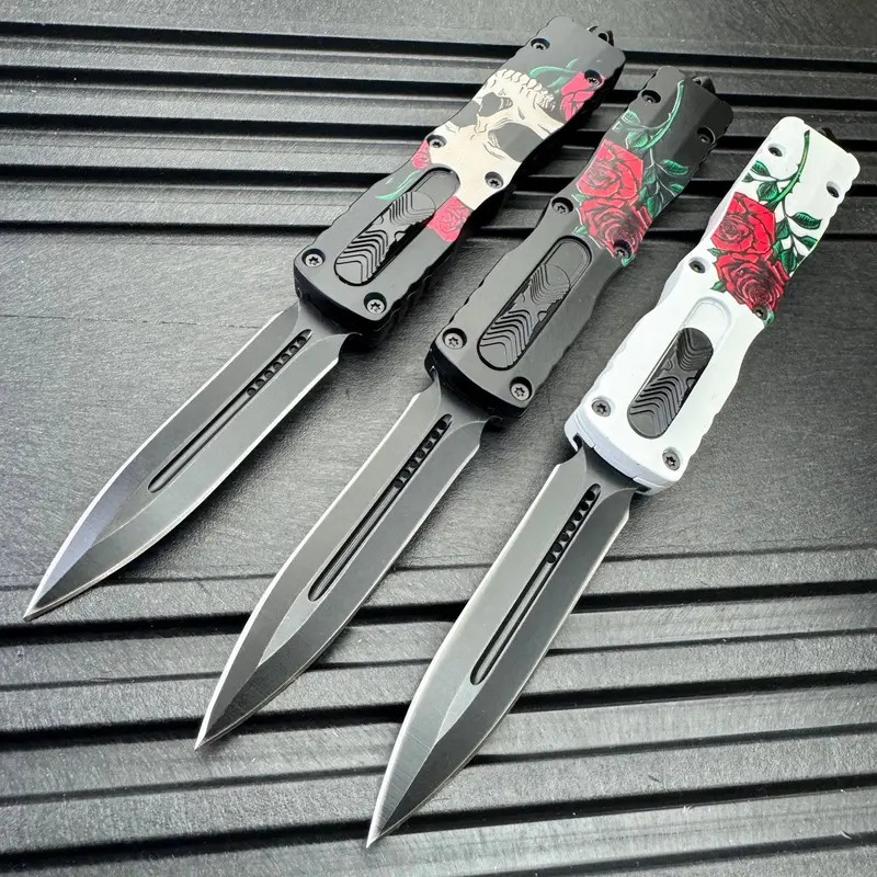7.5-Inch Skull-And-Roses Dual-Action Automatic Otf Knife 1
