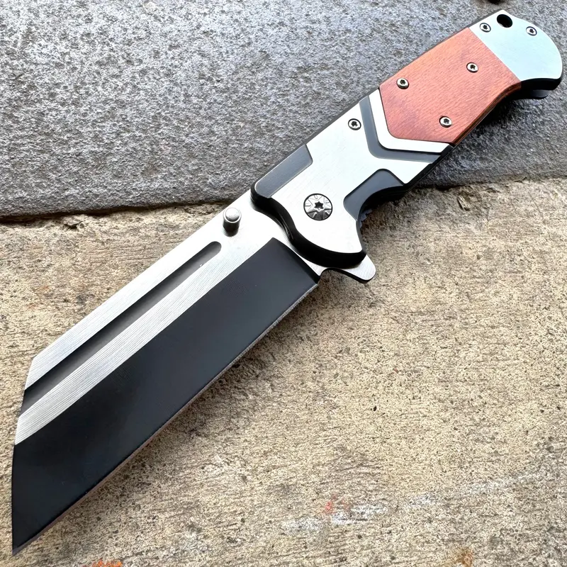 8.5-Inch Cleaver-Style Pocket Knife With Wood-Inlay Handle – Unique Utility Design 1