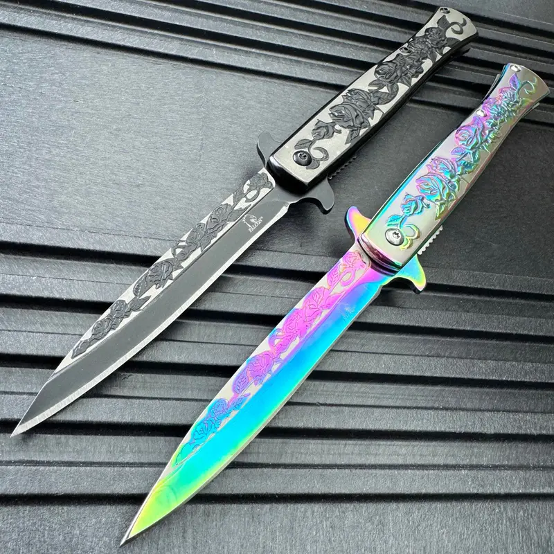 8-Inch Floral Rose-Engraved Spring-Assisted Pocket Knife 1