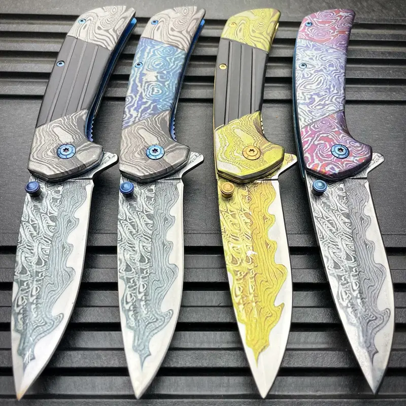 8-Inch Titanium Damascus Etched Spring-Assisted Pocket Knife 1