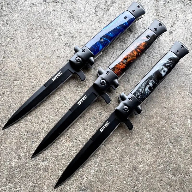 9-Inch Italian Milano Stiletto With Spring-Assist Opening And Matte Black Blade 1