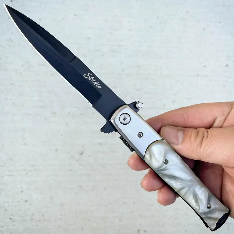 9-Inch Milano Stiletto – Pearl-Handled Tactical Spring-Assisted Knife 1