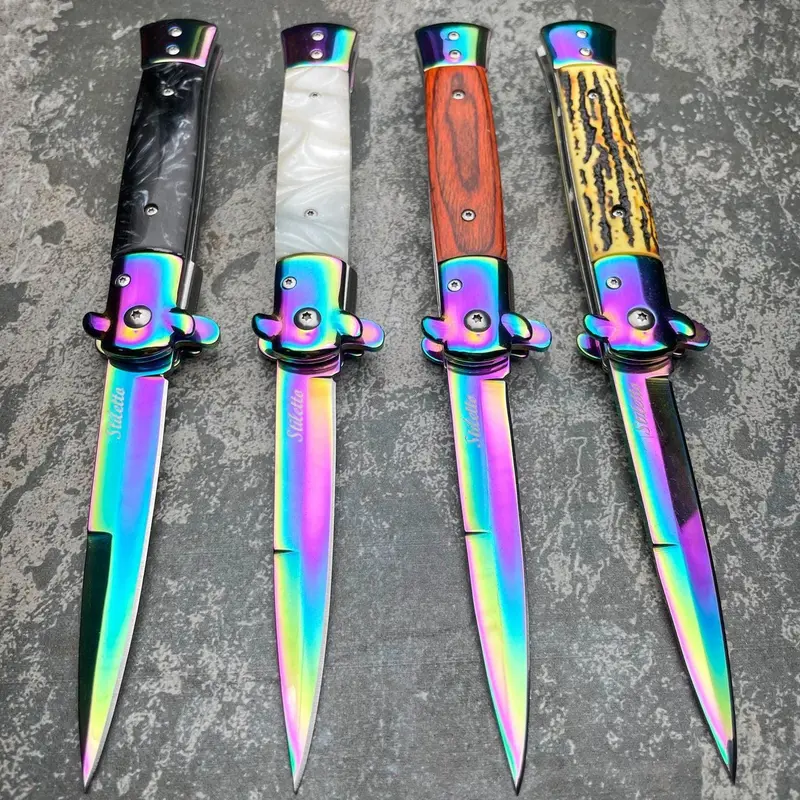 9-Inch Rainbow-Finish Italian Stiletto – Spring-Assisted Folding Knife 1