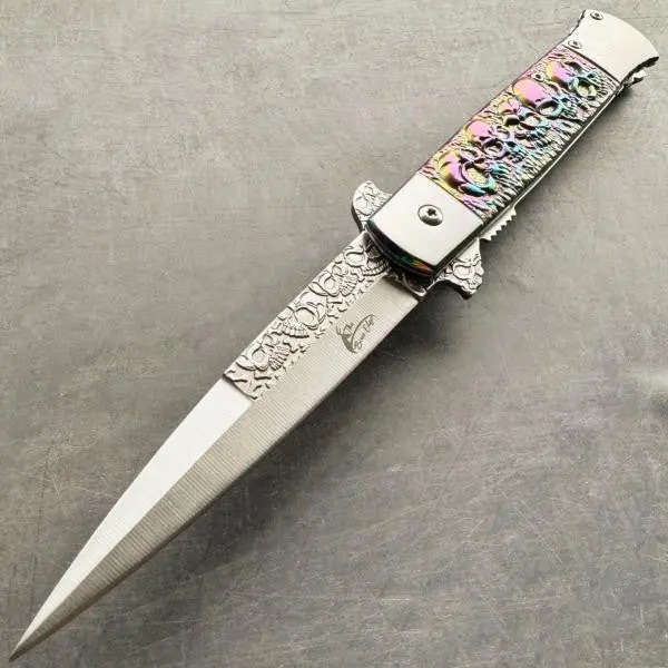 9-Inch Rainbow Skull Folding Knife – Spring-Assisted Edc Tactical Blade 1