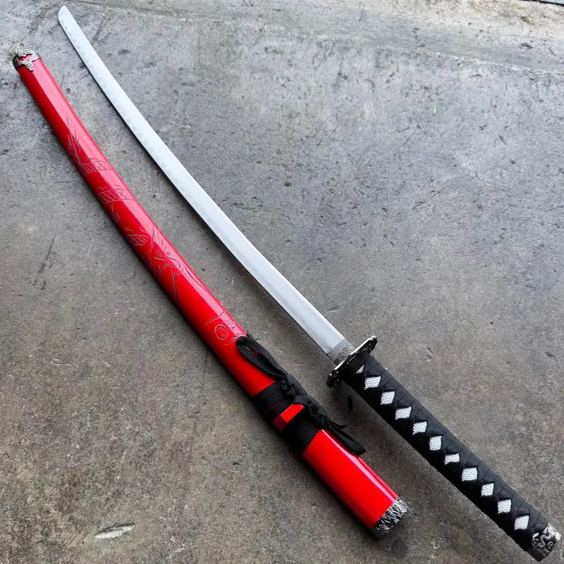Authentic Red Japanese Katana Sword With Dragon-Inspired Tang And Ninja-Style Machete Design 1