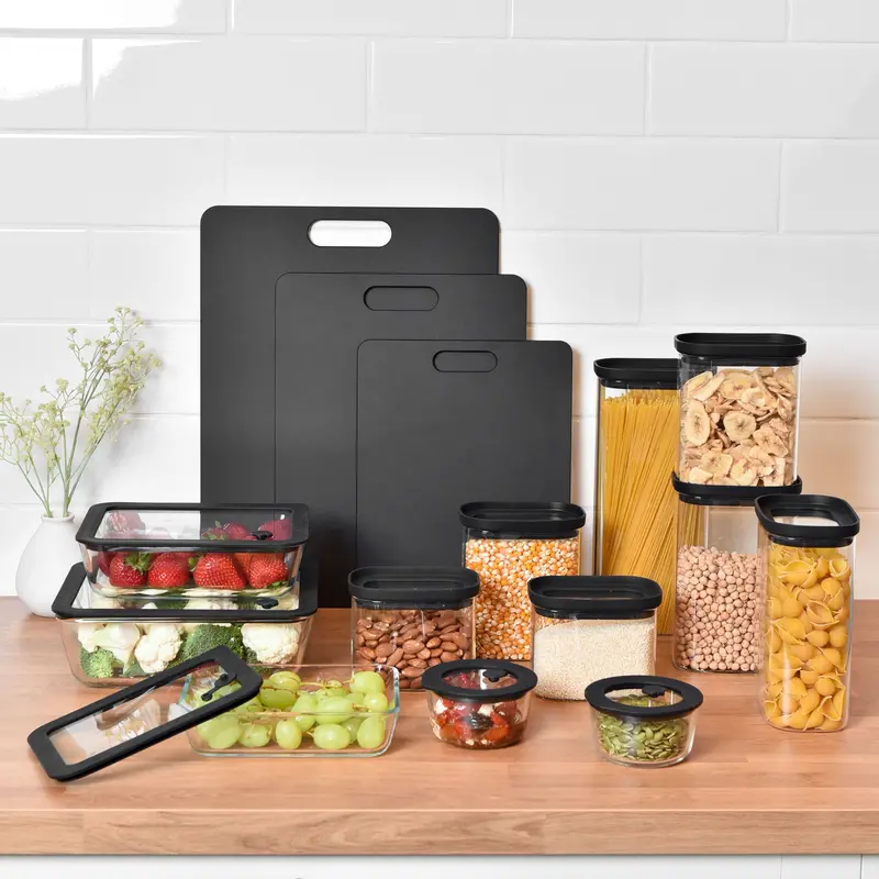 Black Kitchen Bundle: Meal Prep Containers, Pantry Jars & Chopping Board 1