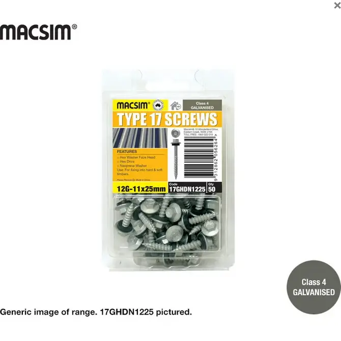 Class 4 Hex-Head Roofing Screw – T17, 14G × 100Mm, Galvanised With Sealing Washer – Pack Of 25 1