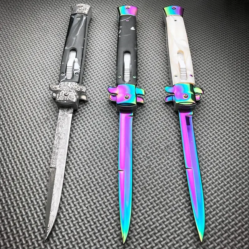 Classic Italian Stiletto Otf – Rainbow Damascus Finish Auto-Blade 1