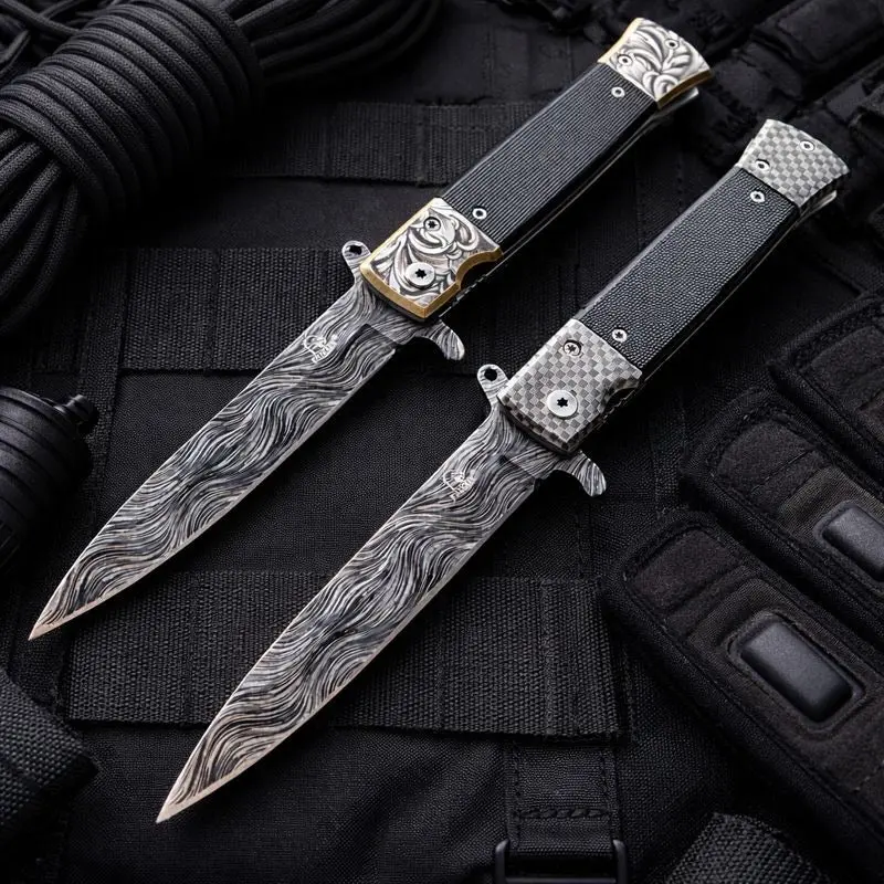 Damascus-Etch 8.5-Inch Spring-Assisted Folding Knife – G10 Handle 1