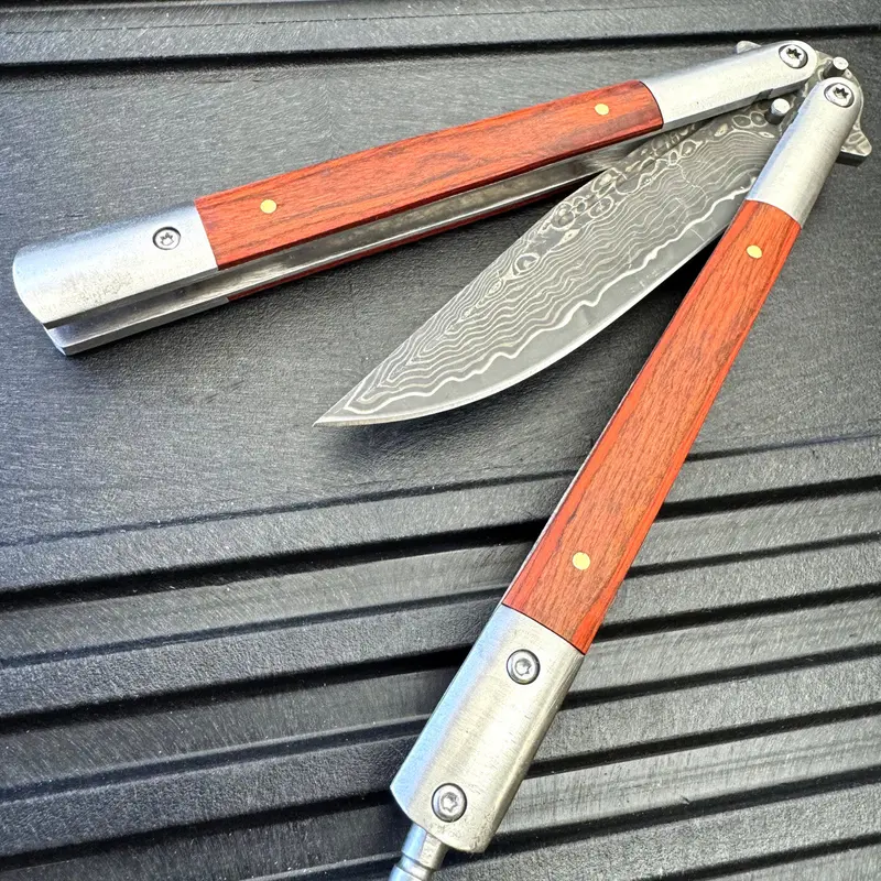Damascus-Etched Balisong Knife With Wooden Handle 1