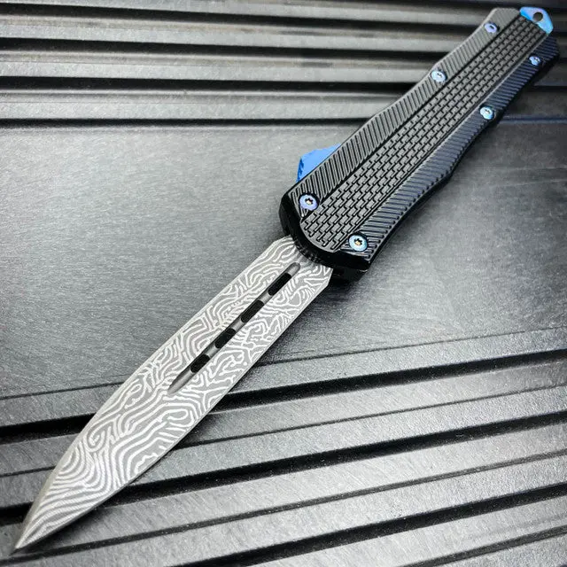 Damascus-Etched Otf Automatic Knife – Precision-Cut Blade 1