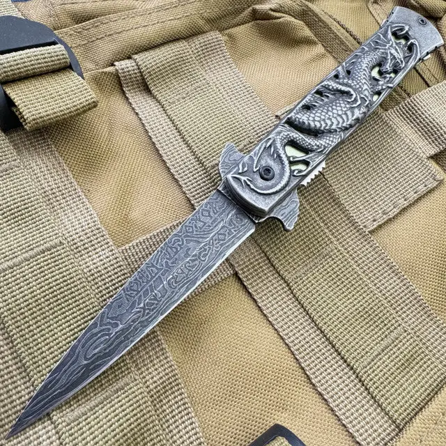 Dragon Stiletto Folding Knife – 8.75-Inch Etched Blade With Grey Handle 1
