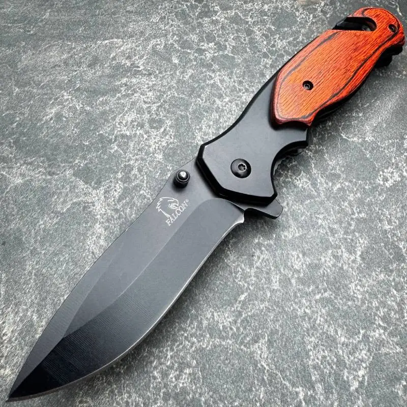 Falcon 8-Inch Rescue Knife With Wood Handle And Spring Assist 1