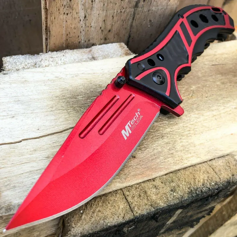 M-Tech 8.25-Inch Red-Handled Tactical Folding Knife With Spring-Assisted Opening 1