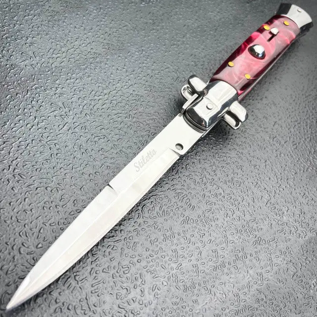 Marble-Red Italian Stiletto Switchblade – Elegant Collector’S Knife 1