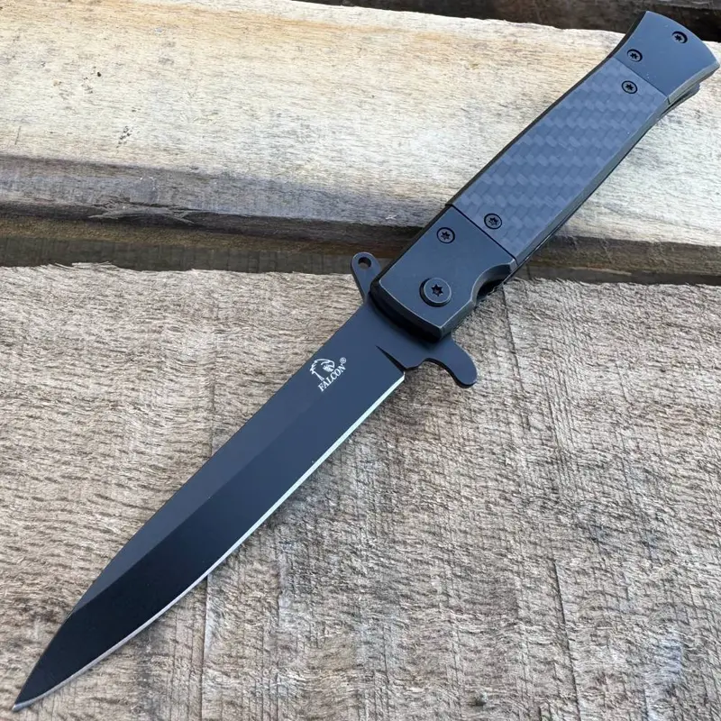 Military-Style 8.5-Inch Spring-Assisted Carbon Fiber Pocket Knife – Black 1