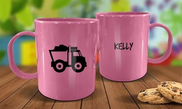 Pink Construction Truck Design Plastic Mug 1