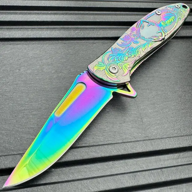 Rainbow Deer Folding Knife – 7-Inch Spring-Assisted Pocket Blade With Colorful Accents 1
