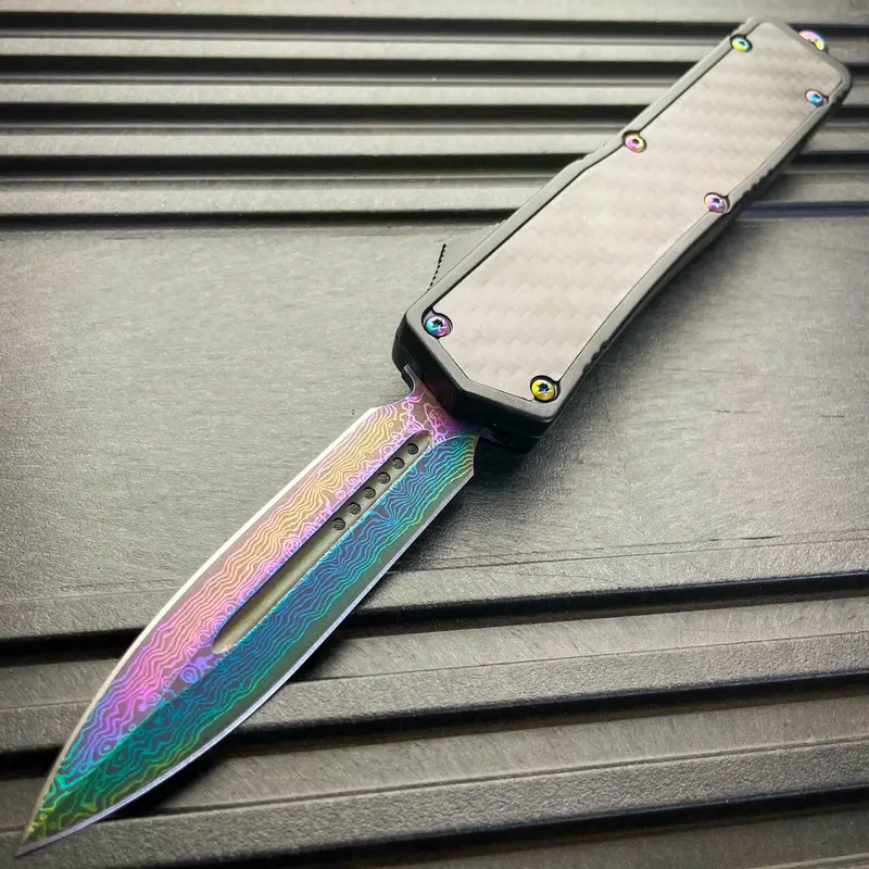 Rainbow-Etched Blade Knife With Carbon Fiber Handle 1