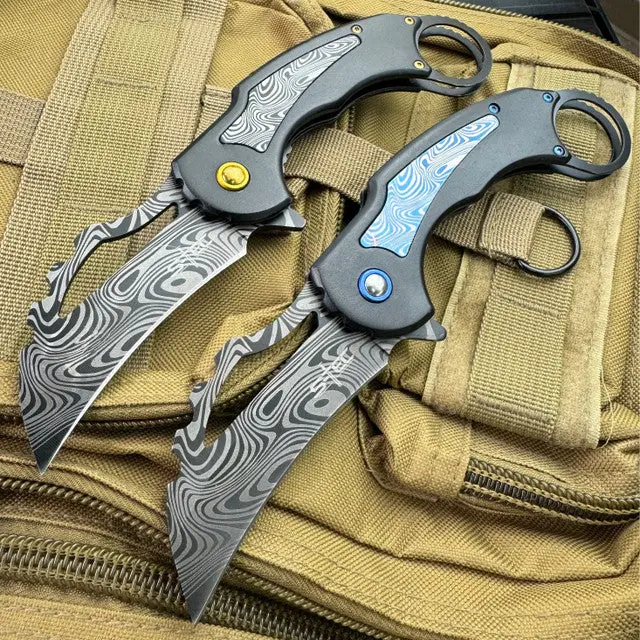 Stec 8.5-Inch Damascus Karambit Folding Knife – Military-Grade Spring-Assisted 1