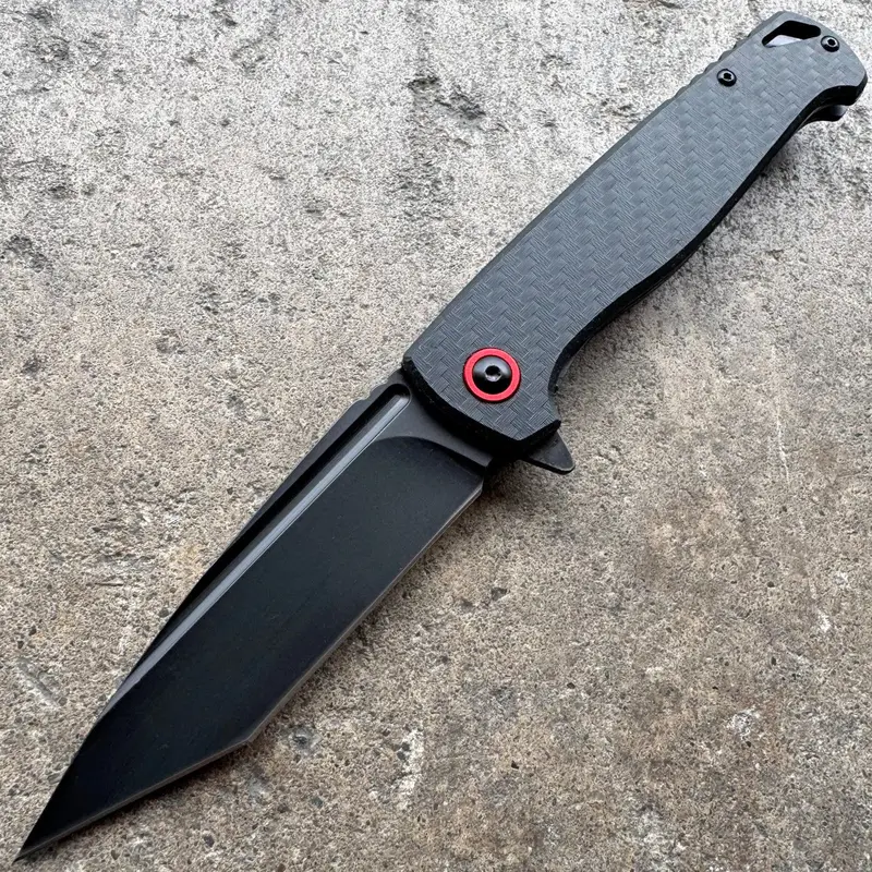 Tanto-Style Carbon Fiber Pocket Knife Featuring Ball Bearing Pivot And Black Finish 1