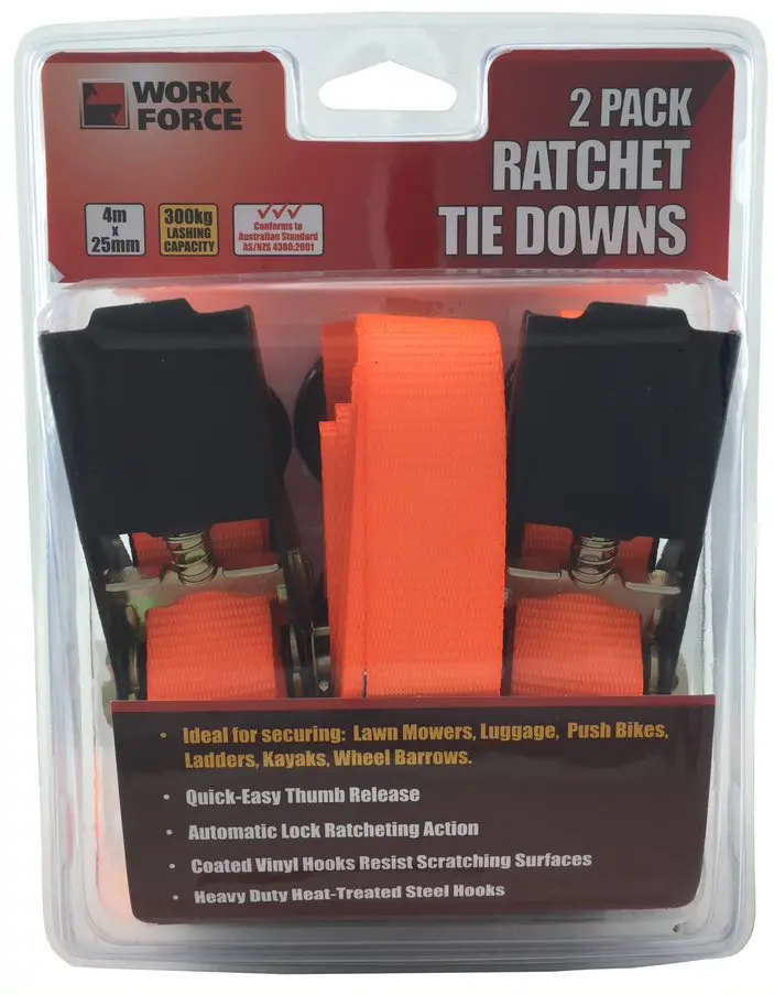 Workforce 4M Ratchet Tie-Down Straps – 25Mm Wide, 300Kg Capacity (2-Pack) 1